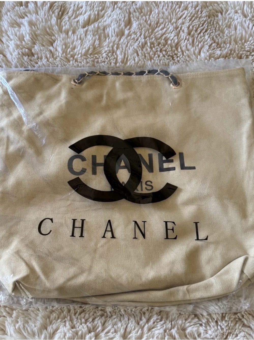 CHANEL Cream Canvas Tote with Black CC Logo - Picture 3 of 11